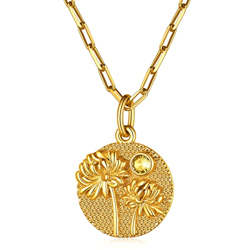 FOCALOOK Geburtsblume im November + Geburtsstein Anhänger mit 45+5cm Rolokette 18k vergoldet Münze mit Chrysantheme Motiv Halskette Geburtsmonat Modeschmuck Accessoire für Damen Mädchen von FOCALOOK