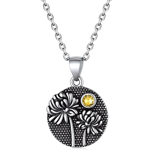 FOCALOOK Geburtsblume im November + Geburtsstein Anhänger mit 45+5cm Rolokette 925 Sterling Silber Münze mit Chrysantheme Motiv Halskette Geburtsmonat Schmuck Accessoire für Damen Mädchen von FOCALOOK