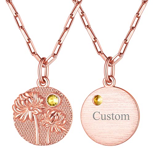 FOCALOOK Geburtsblume im November + Geburtsstein Anhänger mit 45+5cm Rolokette Rosegold vergoldet Personalisierte Münze mit Chrysantheme Motiv Halskette Geburtsmonat Schmuck Accessoire für Damen von FOCALOOK