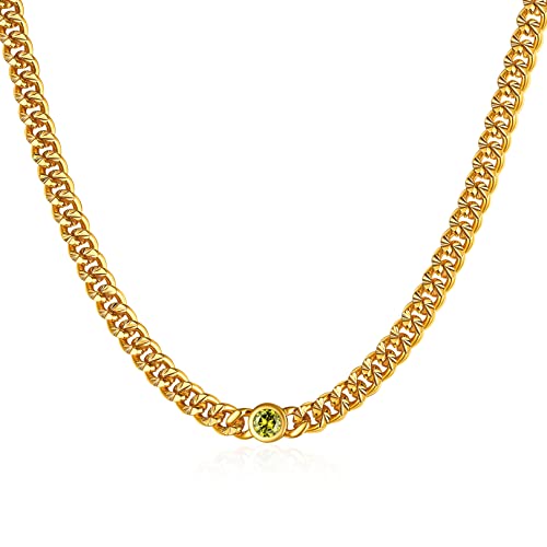 FOCALOOK Geburtsstein August Schlüsselbein Halskette 18k vergoldet Kurze Kette mit Synthetischen Peridot 40+5cm/4,5mm Panzerkette verstellbar Damen Modeschmuck Accessoire für Geburtstag von FOCALOOK