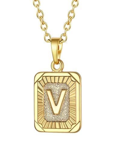 FOCALOOK 18k vergoldet Damen Collier Rechteck Buchstabe V Anhänger Halskette goldene Rolokette 50+5cm verstellbar - Initiale Modeschmuck für Geburtstag von FOCALOOK