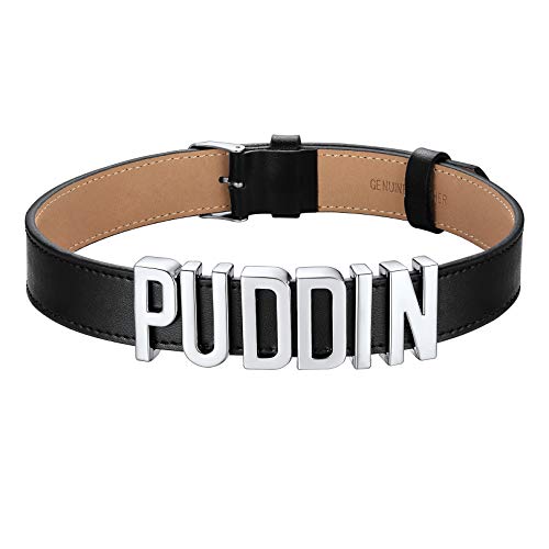 FOCALOOK Gotik PU Leder Choker Kette Damen Mädchen Kurze Halskette mit platiniert Metall Buchstaben Puddin Accessoire Modeschmuck für Frauen von FOCALOOK