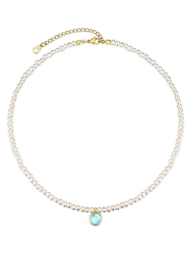 FOCALOOK Halskette Mit Geburtsstein Barock Perlenketten Sternzeichen Kette Geburtsstein März Pearl Necklace Accessoires Perlenschmuck für Mädchen Freundin von FOCALOOK