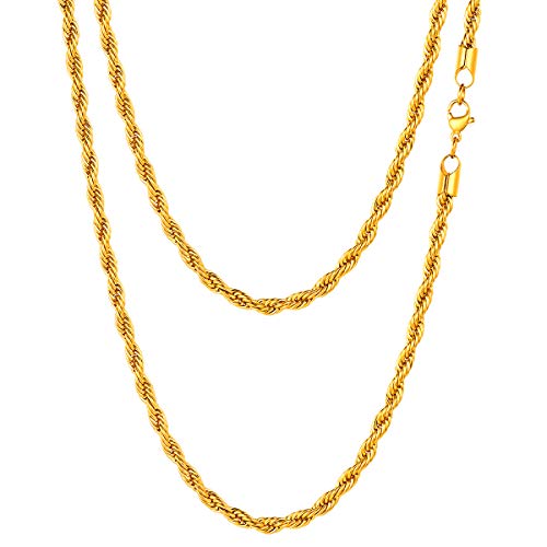 FOCALOOK Halskette für Männer Jungen 18k vergoldet Edelstahl Gliederkette 3mm massiv Kordelkette Halskette Punk Hip Hop Rapper Halsschmuck 45cm/18 von FOCALOOK