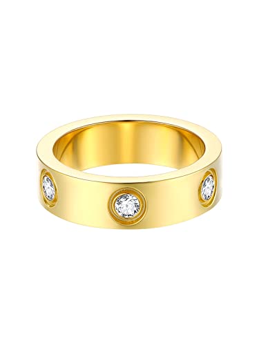 FOCALOOK Herren Edelstahl Gold Ring Damen Eheringe Solitär 57mm Partnerringe Verlobungsring 6mm Breit Hochzeitsringe Schmuck für Verlobung Hochzeit von FOCALOOK