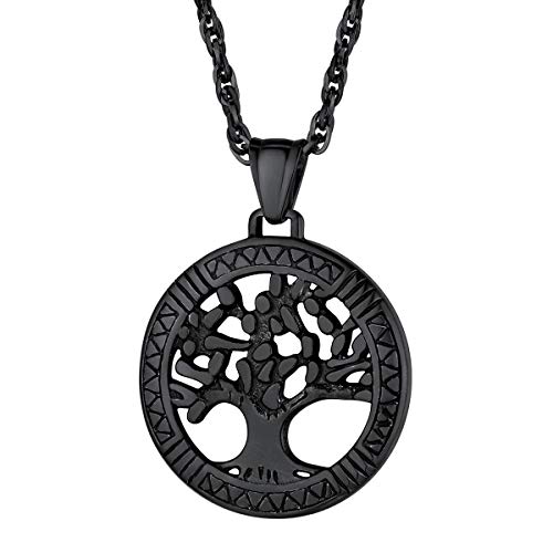 FOCALOOK Herren Kette schwarz Edelstahl Runde Anhänger mit Baum des Lebens 55+5cm Singapurkette + Hohle Weltenbaum Modeschmuck tolles Geschenk für Vatertag Geburtstag von FOCALOOK