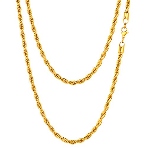 FOCALOOK Herren Kordelkette Halskette 3mm massiv Edelstahl Gliederkette Halskette goldfarben für Männer Jungen Punk Hip Hop Rapper Halsschmuck 75cm/30 von FOCALOOK