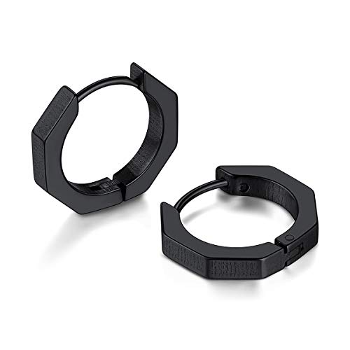 FOCALOOK Herren Ohrringe schwarz Edelstahl Achteckige Huggie Creolen Ohrstecker Ohr Piercing Punk Stil Modeschmuck Accessoire für Jungen Mädchen von FOCALOOK