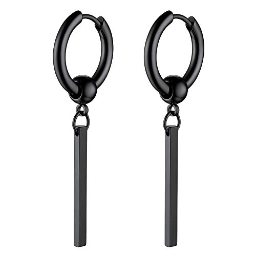 FOCALOOK Herren Ohrringe schwarz Edelstahl Huggie Creolen 12mm mit Stäbchen Ohrstecker Ohr Piercing Punk Stil Modeschmuck Accessoire für Jungen Mädchen von FOCALOOK