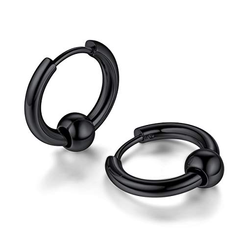 FOCALOOK Herren Ohrringe schwarz Edelstahl Kreis Huggie Creolen mit Kugel Ohrstecker Ohr Piercing Punk Stil Modeschmuck Accessoire für Jungen Mädchen von FOCALOOK