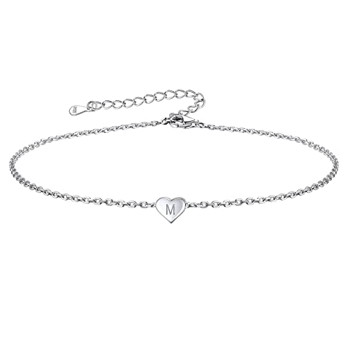 FOCALOOK Herzfußkettchen mit M Initialem Buchstabe Frauen Mädchen Fußkette in S925 Silber Verstellbar Mode Fußkette 22cm Fußkettchen Charm-Fußkettchen Fuß Schmuck Accessoire von FOCALOOK