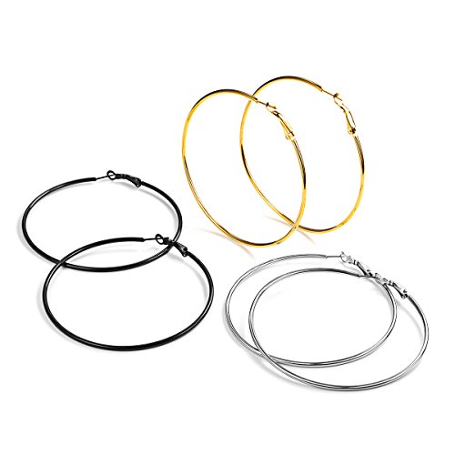 FOCALOOK Hoop Ohrringe Set 3 Paare 70mm Creolen Große Runde Kreis Ohrringe Gold/Silber/Schwarz Elegant Ohrschmuck für Frauen Mädchen Bürodamen von FOCALOOK