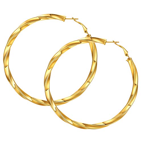 FOCALOOK Hoops Ohrringe 80mm Damen 5mm verdrillte Rohr Kreis Form Creolen 18k vergoldet Statement Kreolen Ohrringe Modeschmuck Accessoire für Alltagskleidung Abendkleid von FOCALOOK