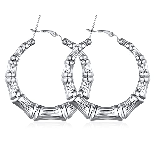 FOCALOOK Kreis Creolen 40mm für Damen Mädchen Edelstahl Bambus-Design Kreis Ohrringe Runde Hoop Earrings Street Style Statement Ohrringe Ohrschmuck für Party Geburtstag von FOCALOOK