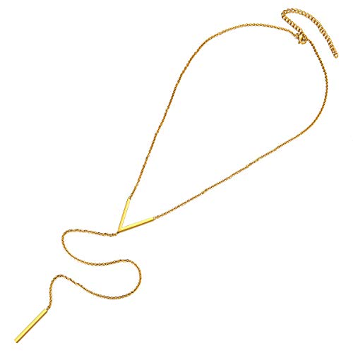 FOCALOOK lange Quaste Damen Collier 18k vergoldet Stäbchen V Charms Anhänger mit 45+9cm Rolokette Minimalist Y-Kette Modeschmuck Accessoire V-Ausschnitt Kleid für Weihnachten von FOCALOOK
