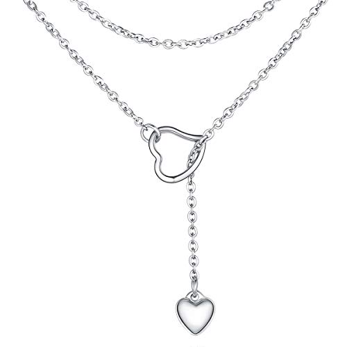 FOCALOOK Lariat Halskette lang Y-Kette für Damen Mädchen Edelstahl Liebe Herz Anhänger mit 80cm verstellbar Rolokette silberfarben Fantasie Modeschmuck Accessoire für Geburtstag Valentinstag von FOCALOOK
