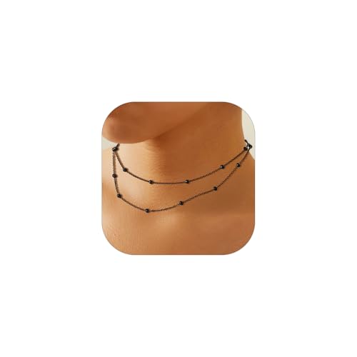FOCALOOK Layering Choker Kette mit Schlichten Kugeln für Frauen Mädchen Schlüssebeinkette Layering Enge Kette aus Edelstahl mit Schwarz Doppelreihig Halsketten Mode Schmuckstück von FOCALOOK