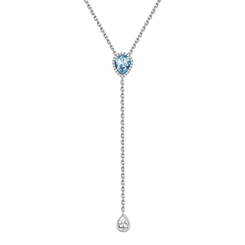 FOCALOOK März Geburtsstein Lariat Halskette 925 Silber Synthetischer Aquamarin Quastenkette 40+5cm Verlobung Hochzeit Y-Kette Schmuck Accessoire für Braut Brautjungfer von FOCALOOK