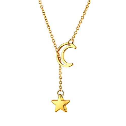 FOCALOOK Mond Stern Collier Damen Lariat Kette 18k vregoldet 70cm lange Y-Kette verstellbar trendig Frauen Mädchen Modeschmuck Accessoire für Valentinstag Geburtstag von FOCALOOK