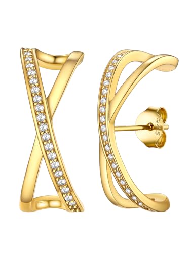 FOCALOOK Ohrringe Gold Zirkonia Ohrringe Gold C förmige Ohrringe Piercing Ohr Ohrstecker Silber 925 Ohrhänger Zirkoniasteinen Ohrstecker Modeschmuck Ohrringe Gold Schmuck Damen von FOCALOOK