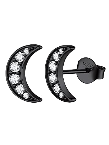FOCALOOK Ohrringe Schwarz Damen Ohrstecker Silber 925 Silver Earrings Mond Ohrringe Zirkonia Medizinische Ohrstecker Earrings Piercing Ohr Modeschmuck Accessoire von FOCALOOK
