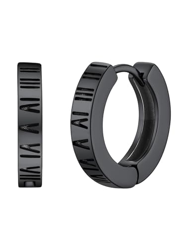 FOCALOOK Ohrringe Schwarz Römische Ziffern Creolen Edelstahl Huggie Earrings Rund Ohrringe Weihnachtsohrringe Modeschmuck von FOCALOOK