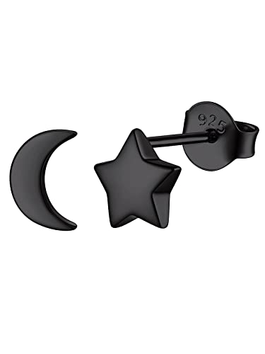 FOCALOOK Ohrstecker Schwarz Damen Silber 925 Ohrringe Silver Earrings Mond Ohrringe Stern Medizinische Ohrstecker Earrings Piercing Ohr Modeschmuck Accessoire von FOCALOOK