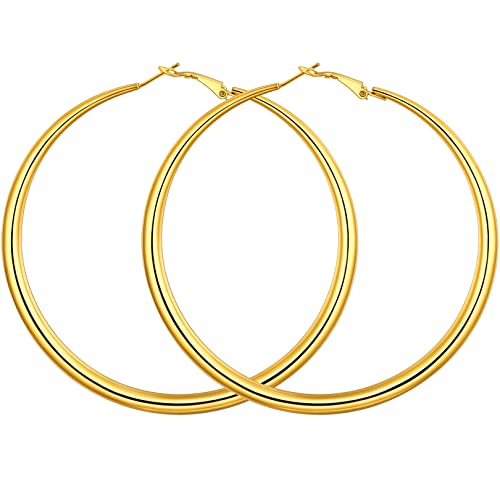 FOCALOOK Oversize Schlichte Kreolen Mädchen Dünne Rundohrringe Runde Creolen mit Vergoldet Durchmesser 80MM Edelstahl Ohrringe Schicke Schmuckstücke von FOCALOOK