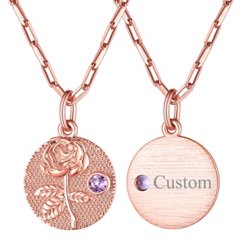 FOCALOOK Personalisierte Halskette + Rose Motiv Münze für Frauen Mädchen Rosegold vergoldet Juni Geburtsblume Anhänger mit 45+5cm Rolokette Damen Geburtsstein Geburtsmonat Schmuck Accessoire von FOCALOOK