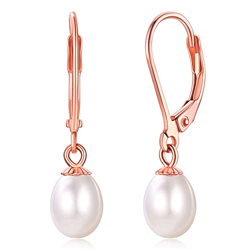 FOCALOOK Rosegold vergoldet Baumel-Ohrringe Damen 6mm Süßwasser Perle Hängeohrringe Eleganter Ohrschmuck Accessoire für Geburtstag Muttertag Hochzeit Verlobung von FOCALOOK