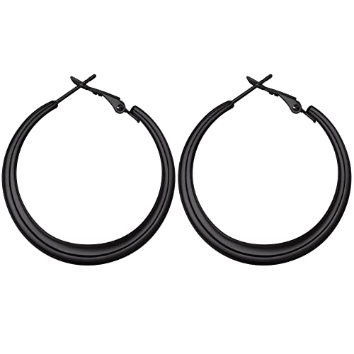 FOCALOOK Schlichte Creolen für Frauen Dünne Rundohrringe Edelstahl Ohrringe Rund Kreolen mit Schwarz Durchmesser 40MM Schick Ohrschmuck Schmuckstücke von FOCALOOK