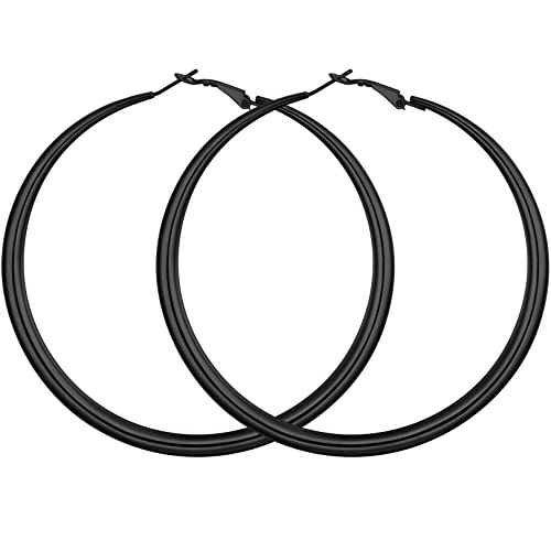 FOCALOOK Schlichte Oversize Creolen für Frauen Dünne Rundohrringe Edelstahl Ohrringe Runde Kreolen mit Schwarz Schicker Ohrschmuck Durchmesser 80MM von FOCALOOK