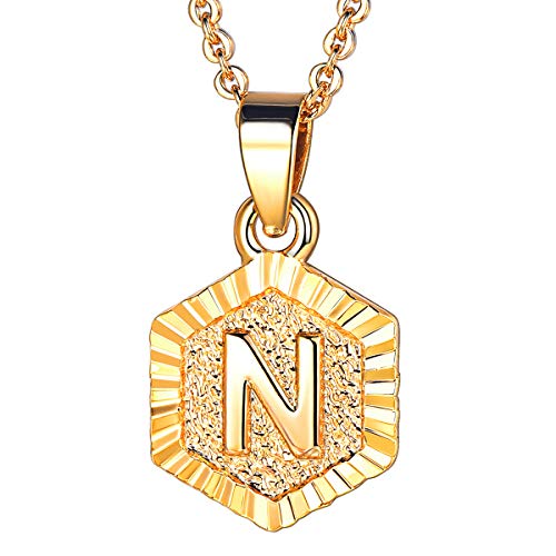 FOCALOOK Schmuck Damen Collier Buchstabe N Anhänger 18k vergoldet mit 55cm Rolokette Anfangsbuchstabe Hexagon Tag trendig Halskette für Frauen Mädchen von FOCALOOK