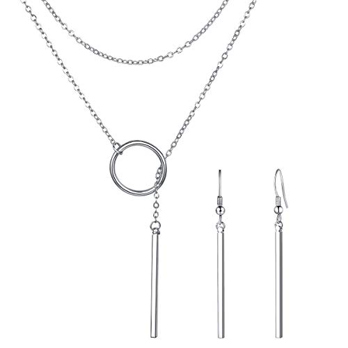 FOCALOOK Schmuck-Set Damen Lange Y-Kette 73cm verstellbar Rolokette Stäbchen Anhänger Ohrringe Weißgold überzogen Lariat Halskette Modeschmuck Geschenk für Mädchen Kleid Accessoire von FOCALOOK