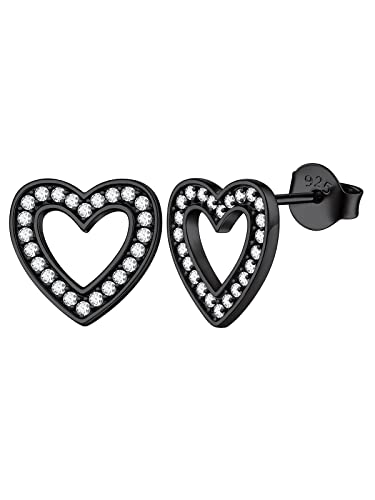 FOCALOOK Schwarze Ohrstecker Herren Ohrringe Damen Silber 925 Silver Earrings Herz Ohrringe Zirkonia Medizinische Ohrstecker Earrings Piercing Ohr Modeschmuck Accessoire von FOCALOOK