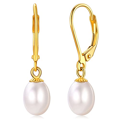 FOCALOOK Süßwasser Perle Baumel-Ohrringe 8mm für Damen 18k vergoldet Perlen Ohrhänger Drop Earrings Hochzeit Verlobung Ohrschmuck Accessoire für Braut Brautjungfer von FOCALOOK