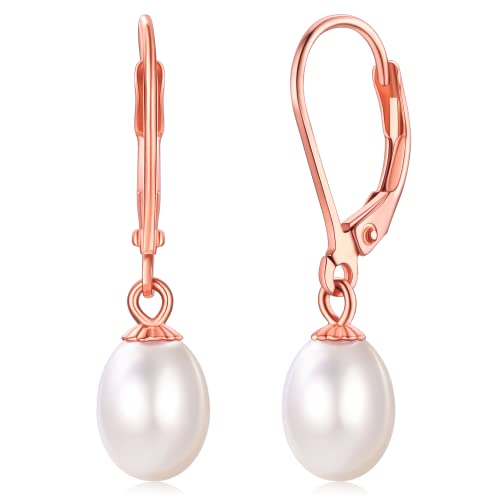 FOCALOOK Süßwasser Perle Baumel-Ohrringe für Mutter Frauen Rosegold vergoldet Ohrhänger mit 8mm Perle Drop Earrings Schmuck Accessoire für Valentingstag Jahrestag von FOCALOOK