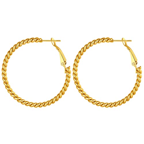 FOCALOOK Verdrehte Kreolen Damen Dünne Rundohrringe Twist Große Ohrringe Edelstahl Ohrringe Gedrehte Creolen mit Vergoldet Durchmesser 40MM von FOCALOOK
