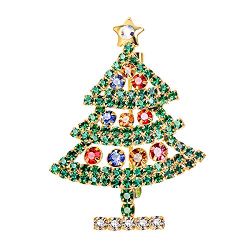 FOCALOOK Weihnachten Brosche 18k vergoldet Weihnachtsbaum mit bunten Kristall Anstecknadel Pins Anzug Jacke Accessoire für Damen Mädchen von FOCALOOK