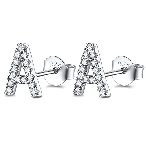 FOCALOOK Zirkonia Initiale Ohrpiercing Damen 925 Sterling Silber Buchstabe A Ohrstecker Letter Ohrringe Funkelnde Ear Studs Schmuck für Frauen Mädchen von FOCALOOK