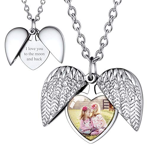 FOCALOOK personalisiert Foto Amulett Collier für Damen Mädchen 18k vergoldet Herz Medaillon zu Öffnen Engelflügel Anhänger Halskette Floating Locket Schmuck für Muttertag Weihnachten von FOCALOOK