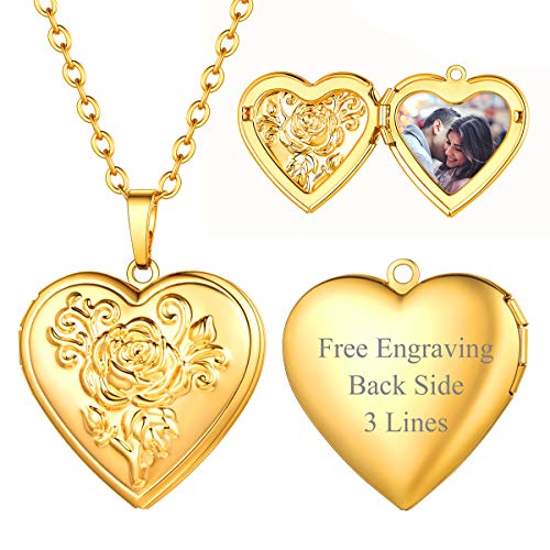 FOCALOOK personalisiert Foto Amulett Collier für Damen Mädchen 18k vergoldet Herz Medaillon zu Öffnen Rose Blume Anhänger Halskette Floating Locket für Muttertag Weihnachten von FOCALOOK