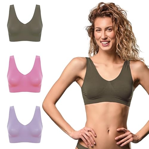FOCENZA BH Damen Ohne Bügel, Seamless BH mit Breitem Riemen aus Stretch-Mikrofaser, 3 Stück Set, Made in Italy (Oliven-Mauve-Lavendel, S/M) von FOCENZA