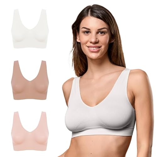 FOCENZA BH Damen Ohne Bügel, Seamless BH mit Breitem Riemen aus Stretch-Mikrofaser, 3 Stück Set, Made in Italy (Weiß-Nude-Puder, S/M) von FOCENZA