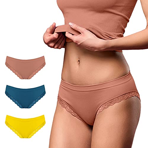 FOCENZA Damen-Slip aus Mikrofaser mit Details aus Spitze, Unterwäsche für Damen, nahtlos, Multipack mit 3 Stück in verschiedenen Farben, Made in Italy, Pfirsich-Petroleum-Gelb, Small-Medium von FOCENZA