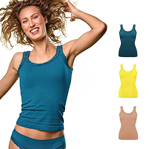 FOCENZA Damen-Tanktop aus Mikrofaser mit Details aus Spitze, nahtlos, Multipack mit 3 Stück in verschiedenen Farben, hergestellt in Italien, Pfirsich-Petroleum-Gelb, S-M von FOCENZA