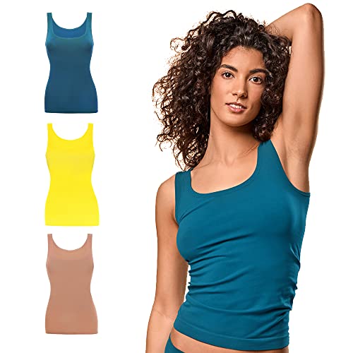 FOCENZA Damen-Tanktop mit breiter Schulter, aus weicher Mikrofaser, nahtloser Unterwäsche, Multipack mit 3 Stück in verschiedenen Farben, hergestellt in Italien, Pfirsich-Petroleum-Gelb, S-M von FOCENZA