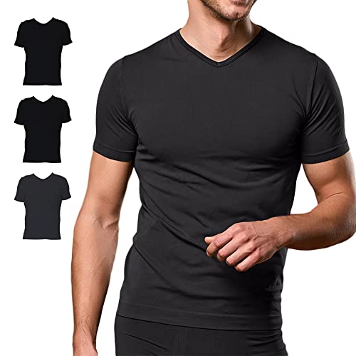 FOCENZA T-Shirt für Herren mit V-Ausschnitt, Unterwäsche aus weicher elastischer und bequemer Mikrofaser, Mehrfachpack mit 3 Stück in verschiedenen Farben, Schwarz-Schwarz-Anthrazit, S-M von FOCENZA