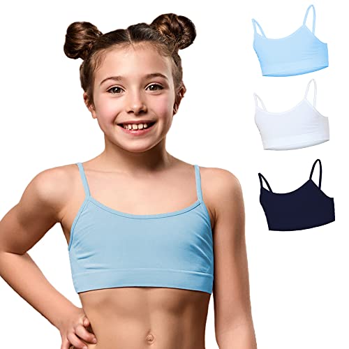 FOCENZA Top für Mädchen mit dünnen Trägern aus weicher Mikrofaser, elastisch und bequem für Gymnastik und Sport, Multipack mit 3 Stück in verschiedenen Farben, Weiß-Hellblau-Blau, Einheitsgröße von FOCENZA