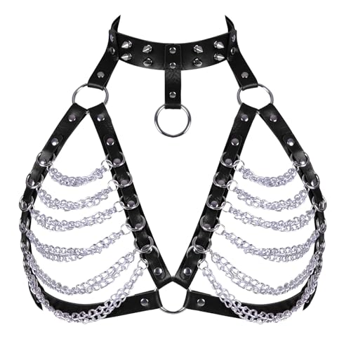 FOCICE Gothic Brustkette Ketten Bh Harness Damen Leder Punk Körperkette Brustfrei Dessous Geschirre Fetisch Halsband Geschichtet Body Chain Rave Outfit Bondage SM Festival Kostüm von FOCICE